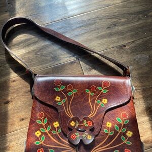 Floral Embellished Brown Leather Shoulder Bag